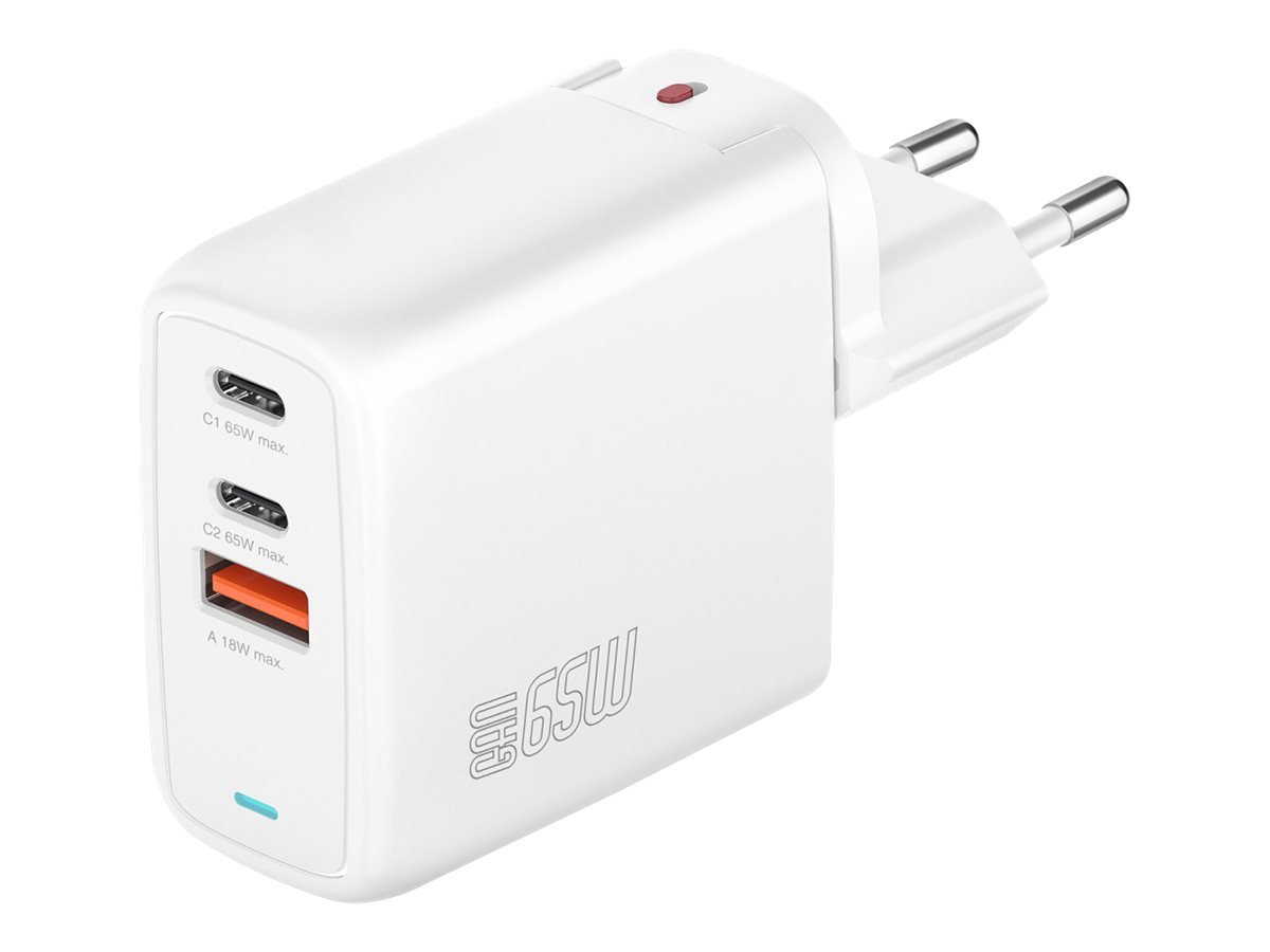 Oplader vægoplader wall charger 65W 2 USB-C+1 USB-A hvid smart ...