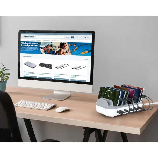 Ladestation USB ladestand 10 enheder USB-C 200W opladningsstation gr�/hvid