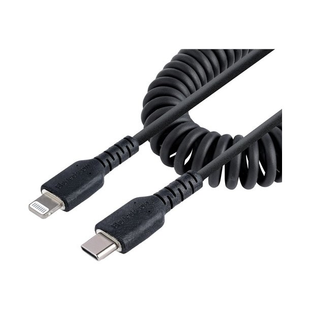 Kabel USB-C til USB-lighting 0,5m synk-og opladning spiral kabel sort 