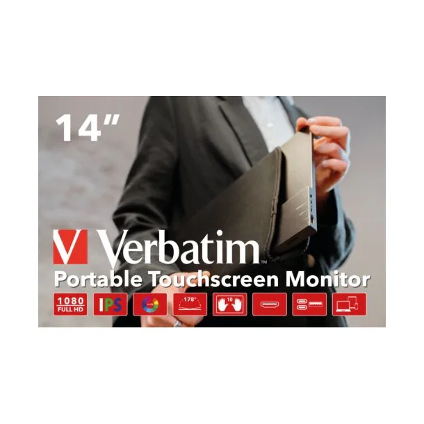 Verbatim Touchscreen 10 punkt 14" FHD brbar skrm hjtaler til Pc Mac tablet telefon USB-C el HDMI