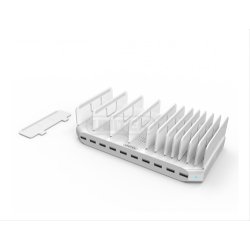 Ladestation USB opladerstander til iPad tablet smartphone 10 x USB-A hvid Vlg 96W el. 160W