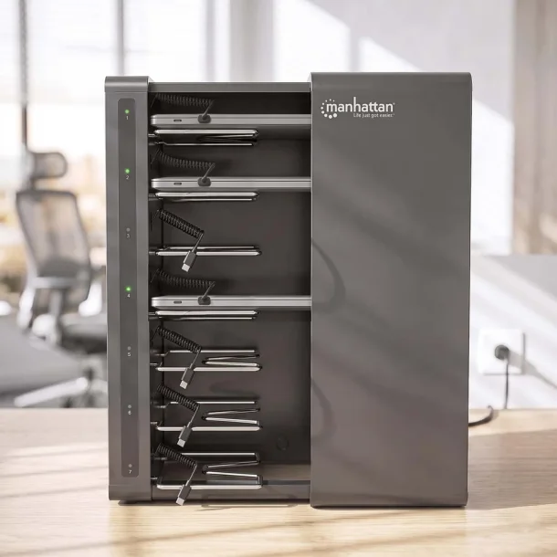 Ladestation med l�s til 7 USB -C enheder ladeskab til Laptops tablet ipads Mackbooks Chromebook og andre enheder op til 16"