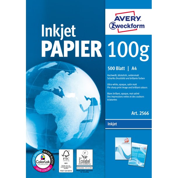 Papir A4 mellem middel kraftig 100g Avery blkprinter inkjet papir (500 stk) 