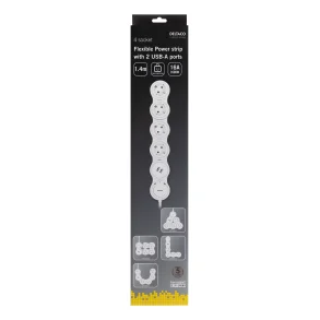 Str�mskinne b�jelig fleksibel med 4 x str�mstik 2 x USB-A Hvid 