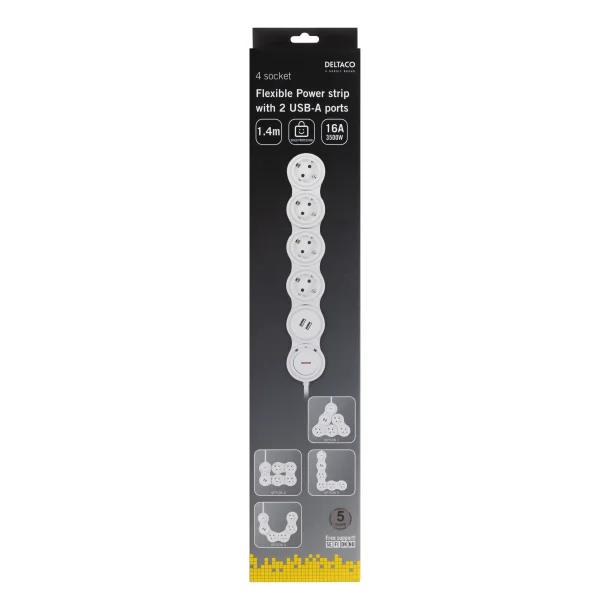 Str�mskinne b�jelig fleksibel med 4 x str�mstik 2 x USB-A Hvid 