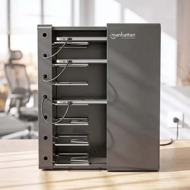 Ladestation med l�s til 7 AC enheder ladeskab til Laptops tablet ipads Mackbooks Chromebook og andre enheder op til 16"