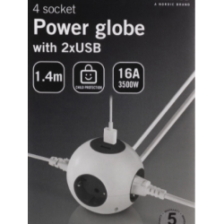 Strmskinne Strmglobus 2xUSB-A og 4 brnesikret stik 1.4m kabel hvid