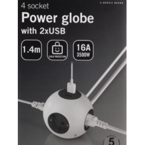 Strmskinne Strmglobus 2xUSB-A og 4 brnesikret stik 1.4m kabel hvid